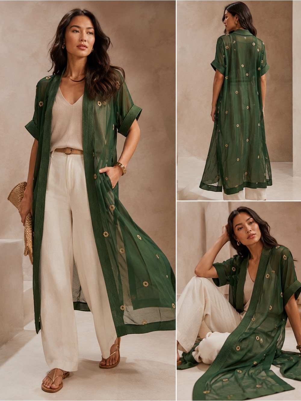 Anthropology Sheer Forest Green Embroidered Duster S M